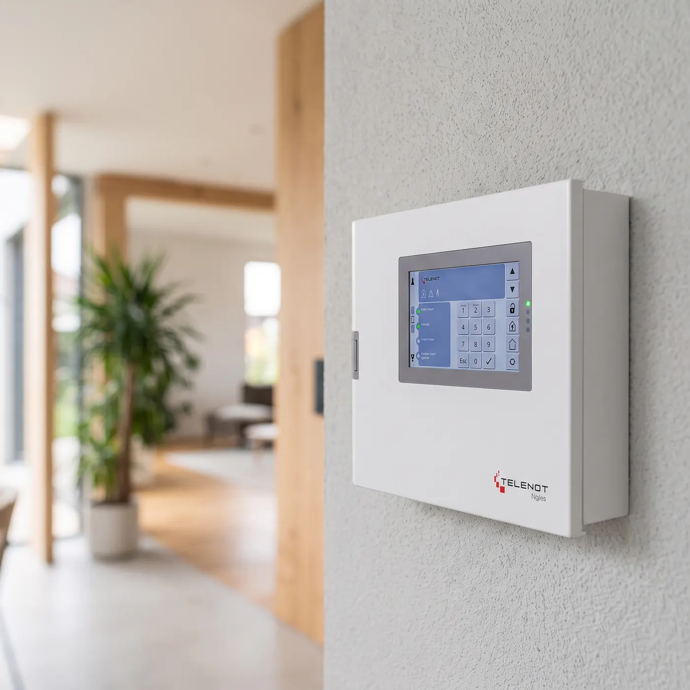 TELENOT Alarmzentrale mit Touch-Bedienteil an der Wand im Wohnbereich